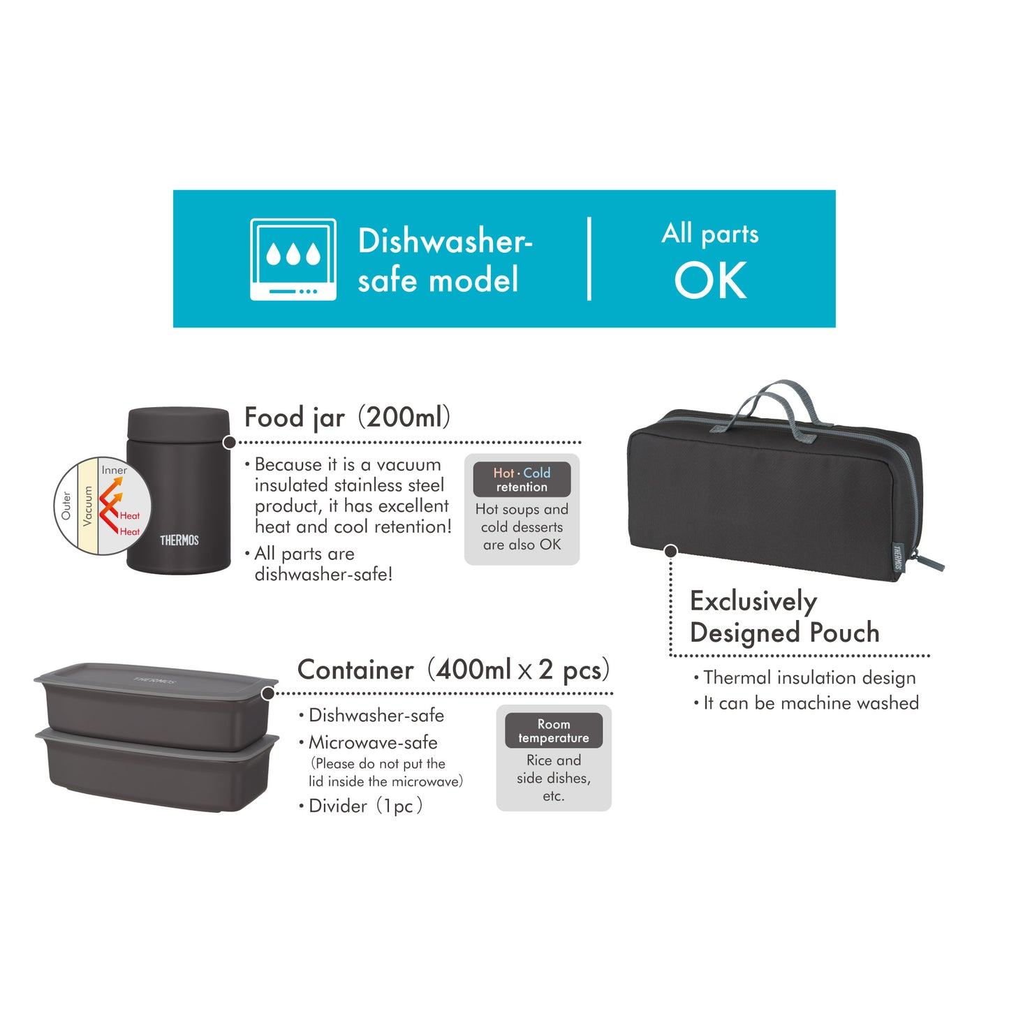 Thermos Vacuum Insulated Soup Lunch Set 1000ml - Black Gray