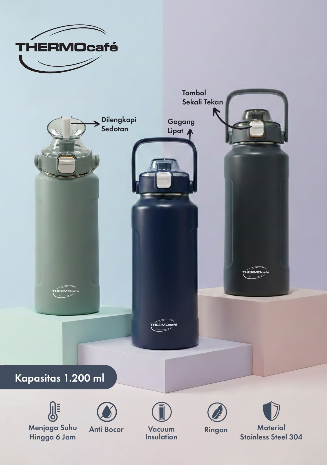 Thermocafe Vacuum Insulated Straw Bottle With Handle 1200ml